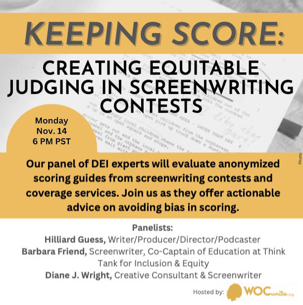 Text on graphic background featuring a screenplay: "Keeping Score: Creating Equitable Judging In Screenwriting Contests."